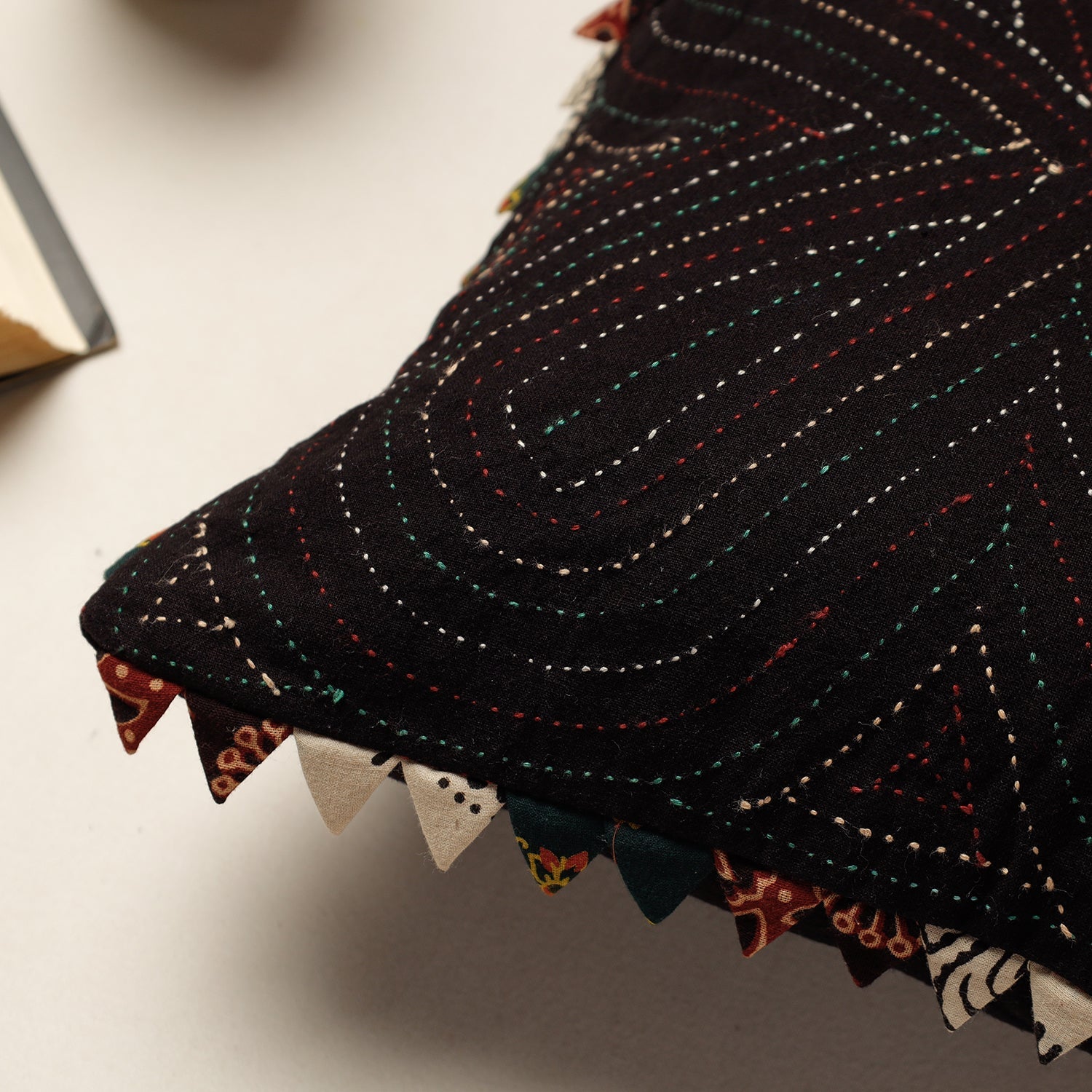 Black - Kala Raksha Tagai Work Cotton Cushion Cover (12 x 12 in)