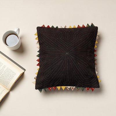 Brown - Kala Raksha Tagai Work Cotton Cushion Cover (12 x 12 in)
