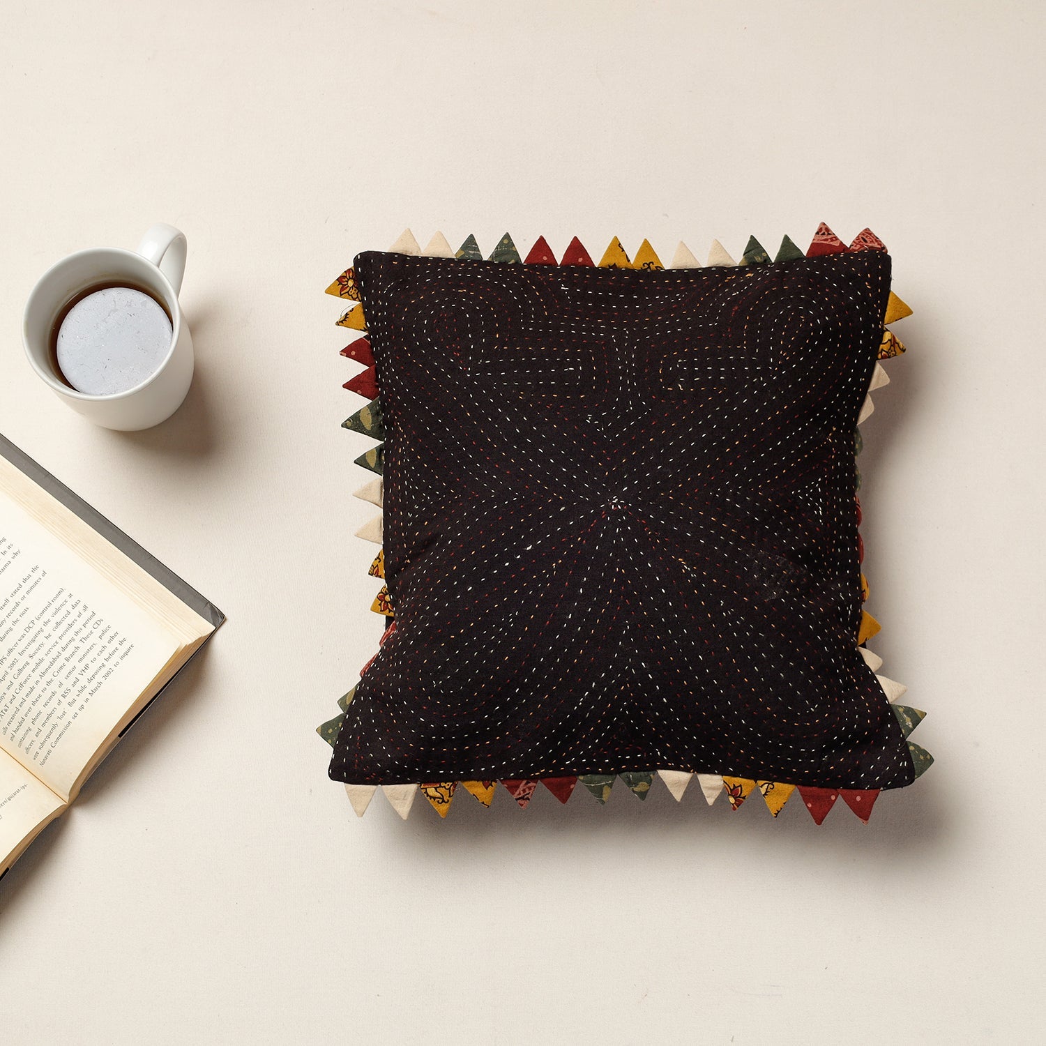 Brown - Kala Raksha Tagai Work Cotton Cushion Cover (12 x 12 in)
