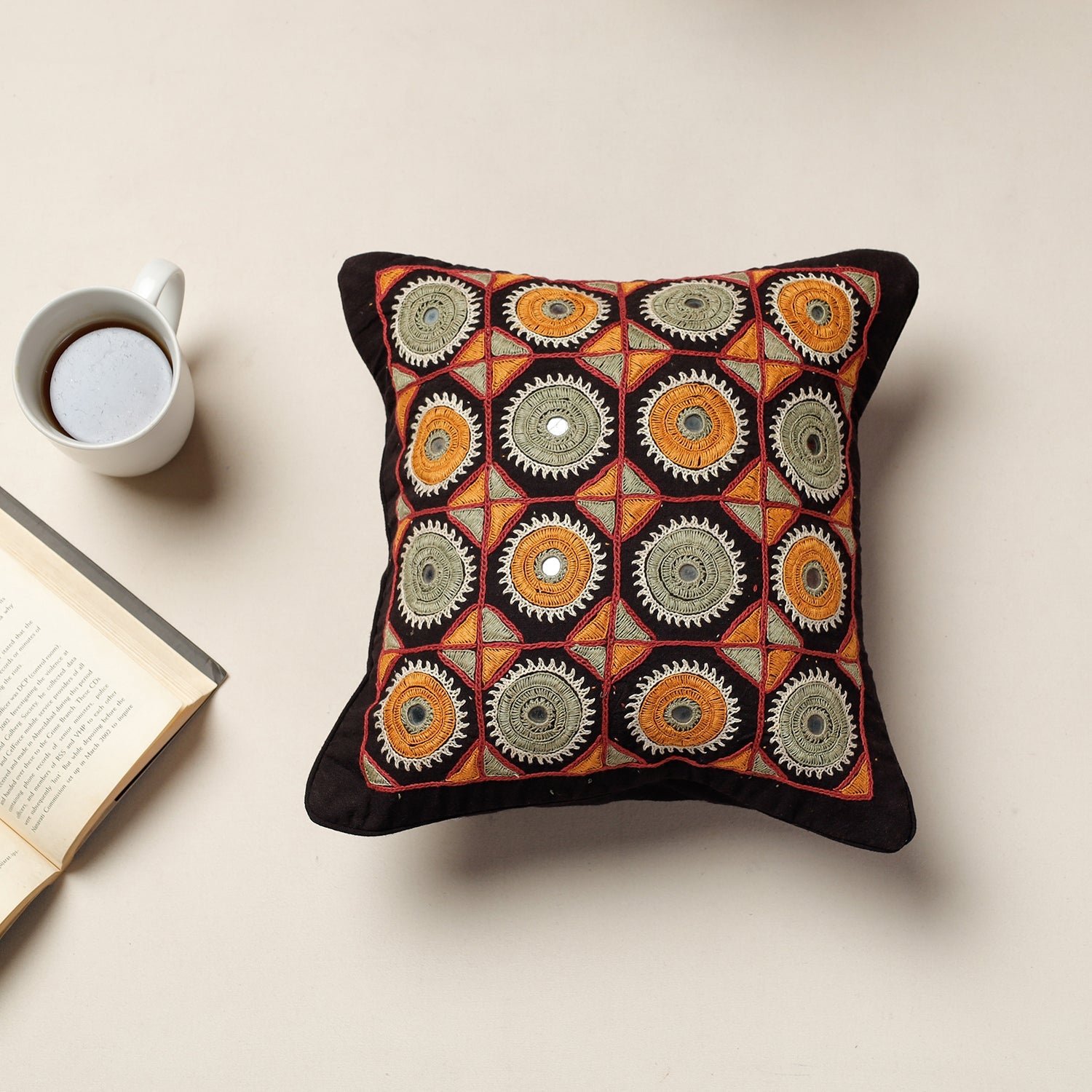 Black - Kala Raksha Rabari Hand Embroidery Cotton Cushion Cover (13 x 13 in)
