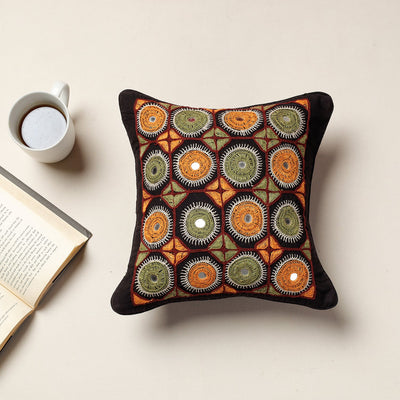 Black - Kala Raksha Rabari Hand Embroidery Cotton Cushion Cover (13 x 13 in)