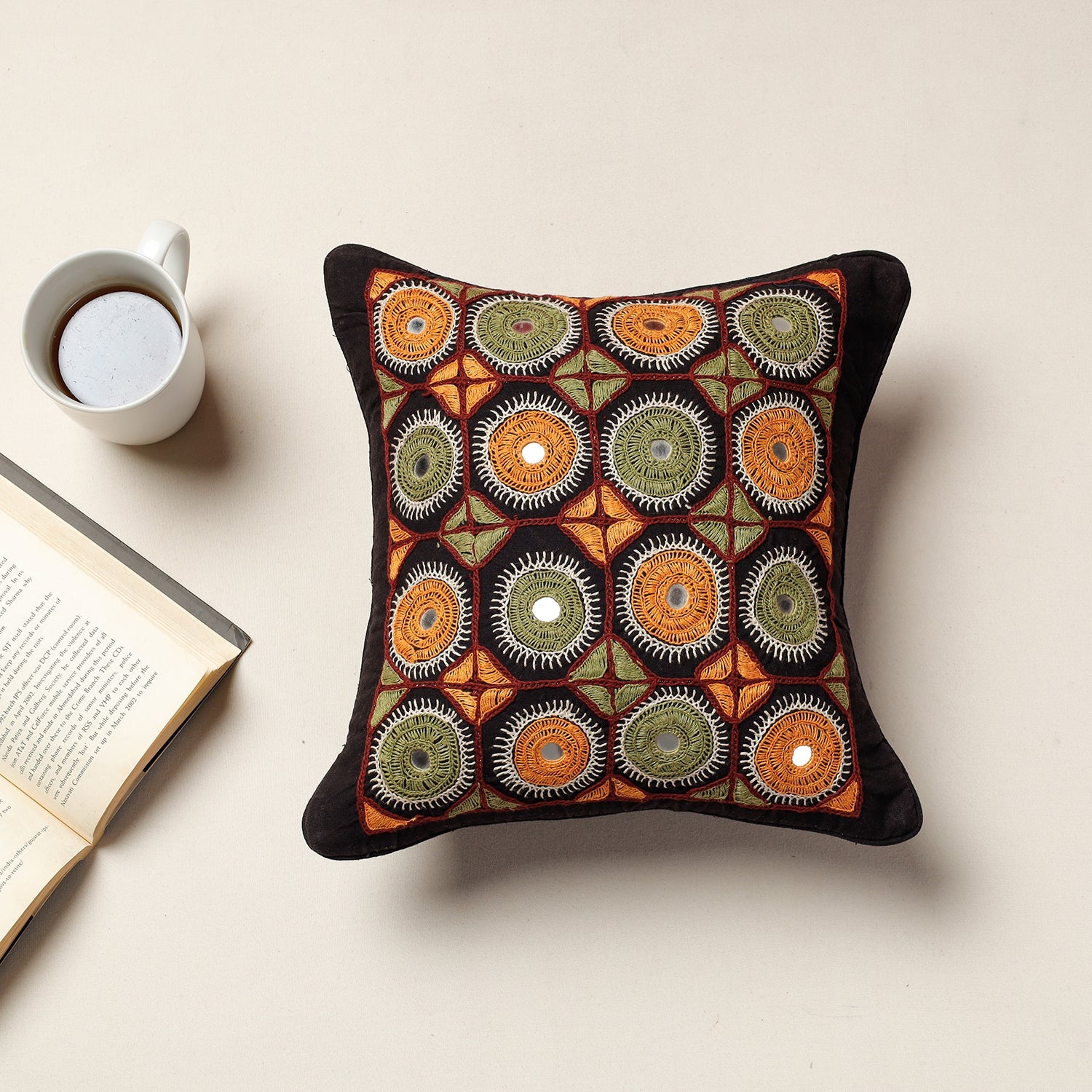 Black - Kala Raksha Rabari Hand Embroidery Cotton Cushion Cover (13 x 13 in)