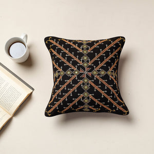 Black - Kala Raksha Jat Hand Embroidery Cotton Cushion Cover (12 x 12 in)