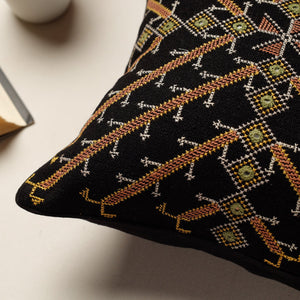 Black - Kala Raksha Jat Hand Embroidery Cotton Cushion Cover (12 x 12 in)