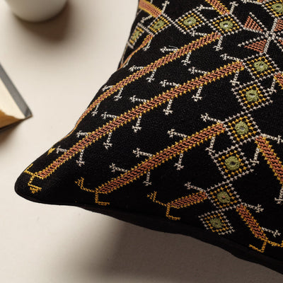 Black - Kala Raksha Jat Hand Embroidery Cotton Cushion Cover (12 x 12 in)