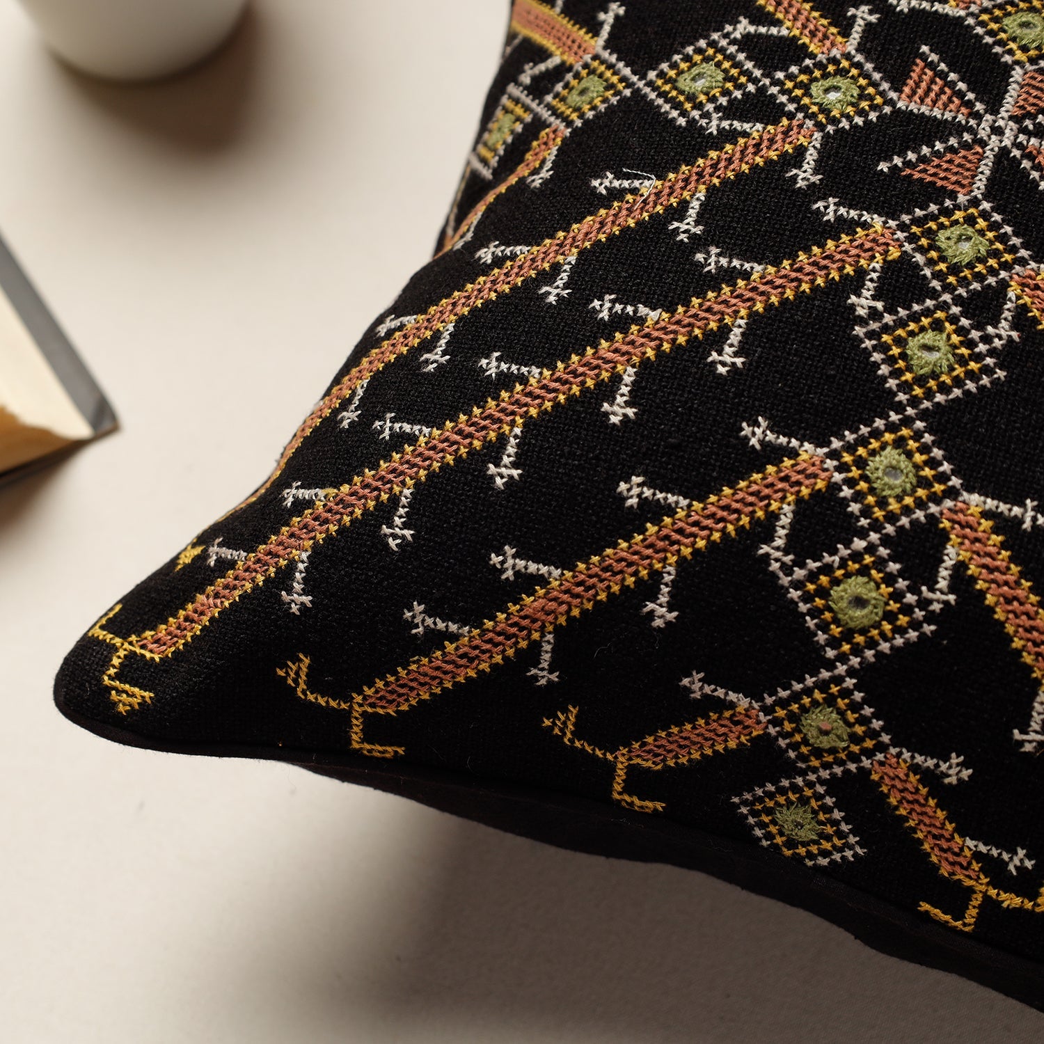Black - Kala Raksha Jat Hand Embroidery Cotton Cushion Cover (12 x 12 in)