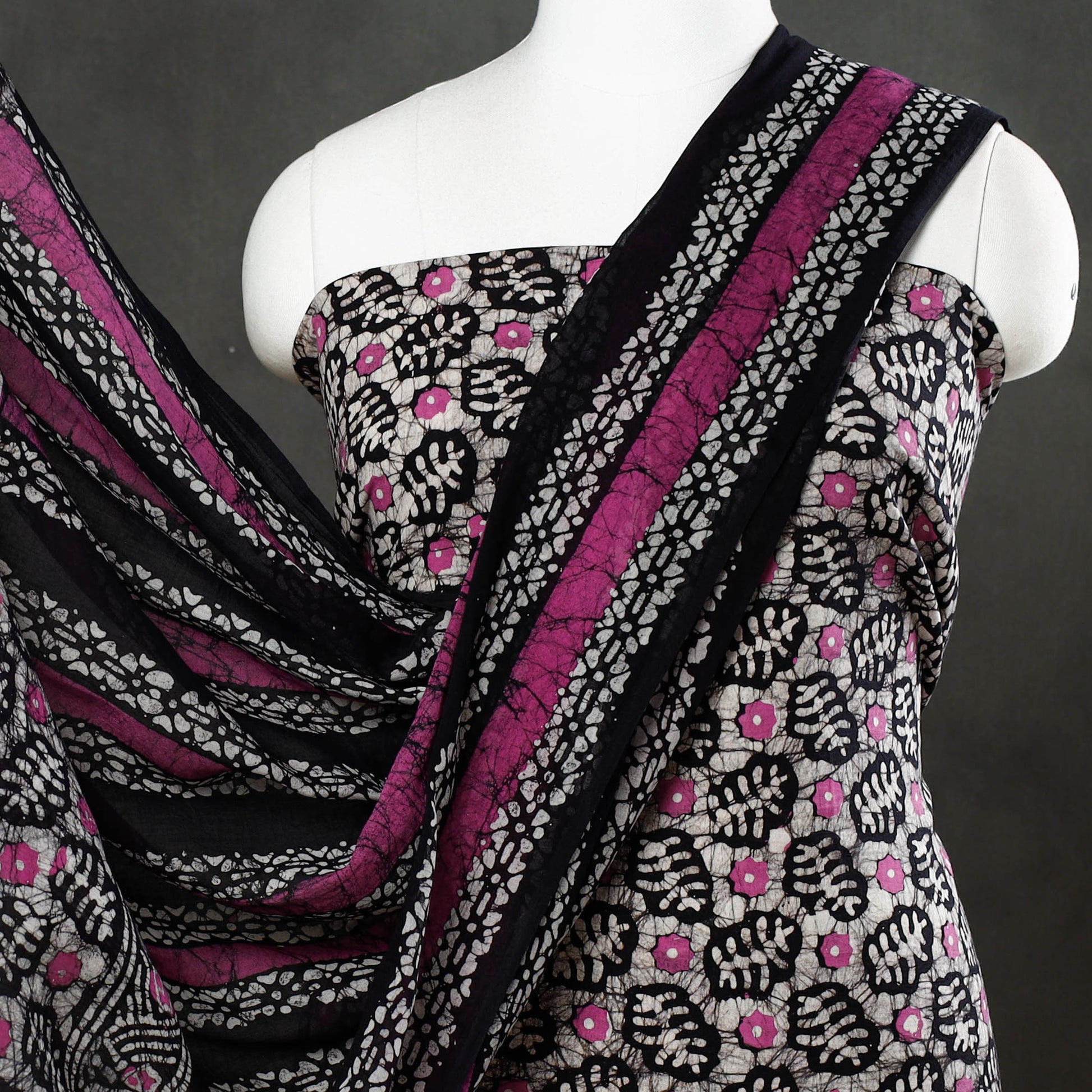 Black - 3pc Cotton Kutch Batik Print Dress Material 05