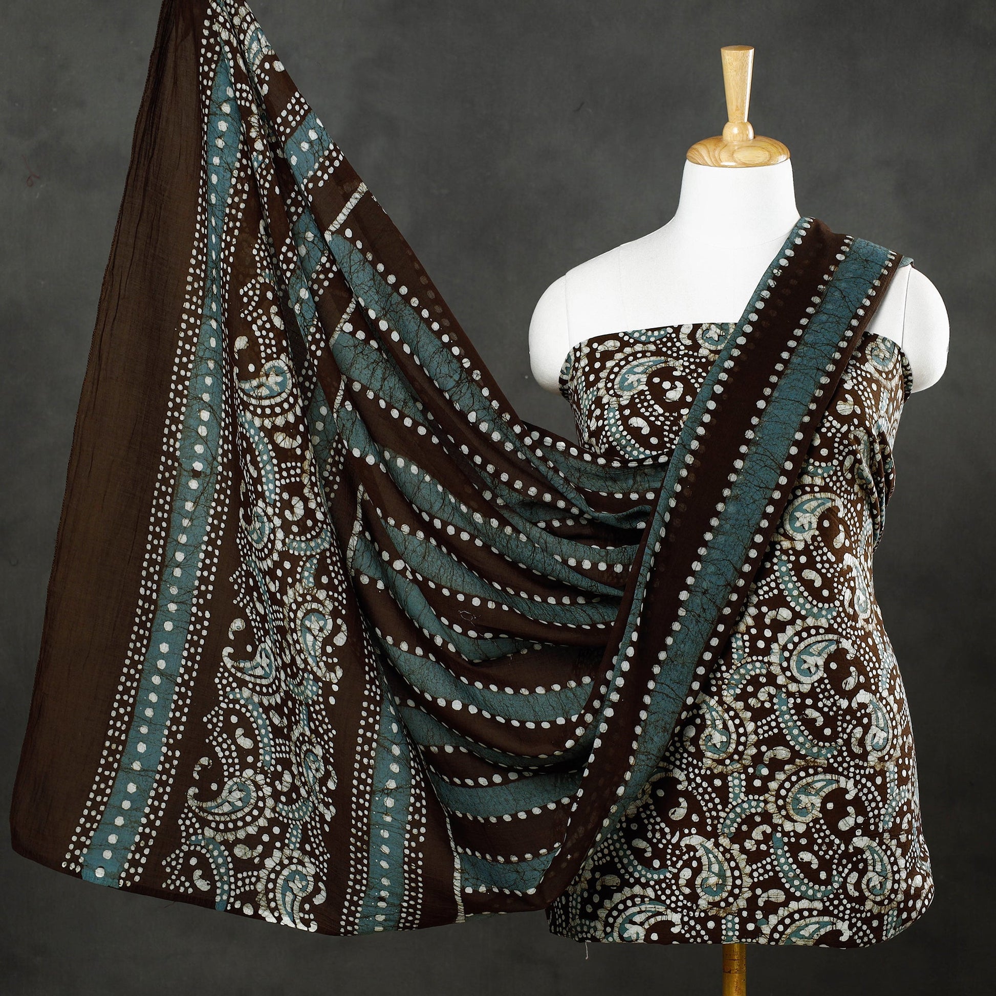 Brown - 3pc Cotton Kutch Batik Print Dress Material 01