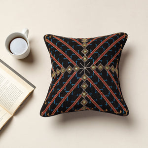 Black - Kala Raksha Jat Hand Embroidery Cotton Cushion Cover (12 x 12 in)