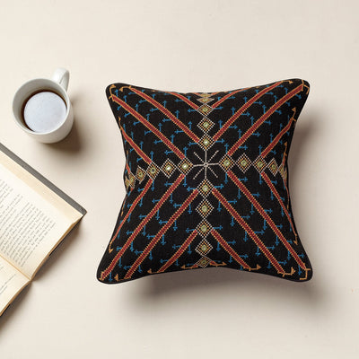 Black - Kala Raksha Jat Hand Embroidery Cotton Cushion Cover (12 x 12 in)