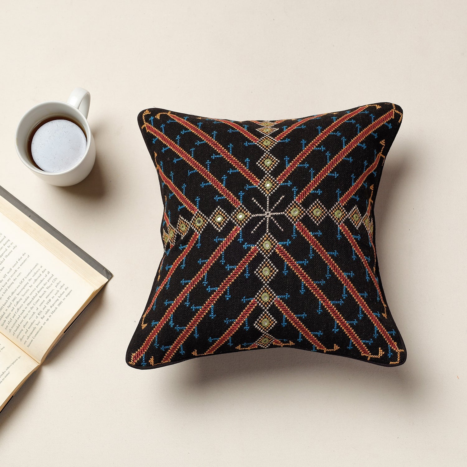 Black - Kala Raksha Jat Hand Embroidery Cotton Cushion Cover (12 x 12 in)
