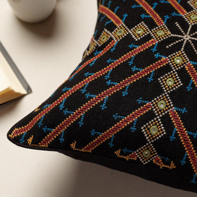 Black - Kala Raksha Jat Hand Embroidery Cotton Cushion Cover (12 x 12 in)