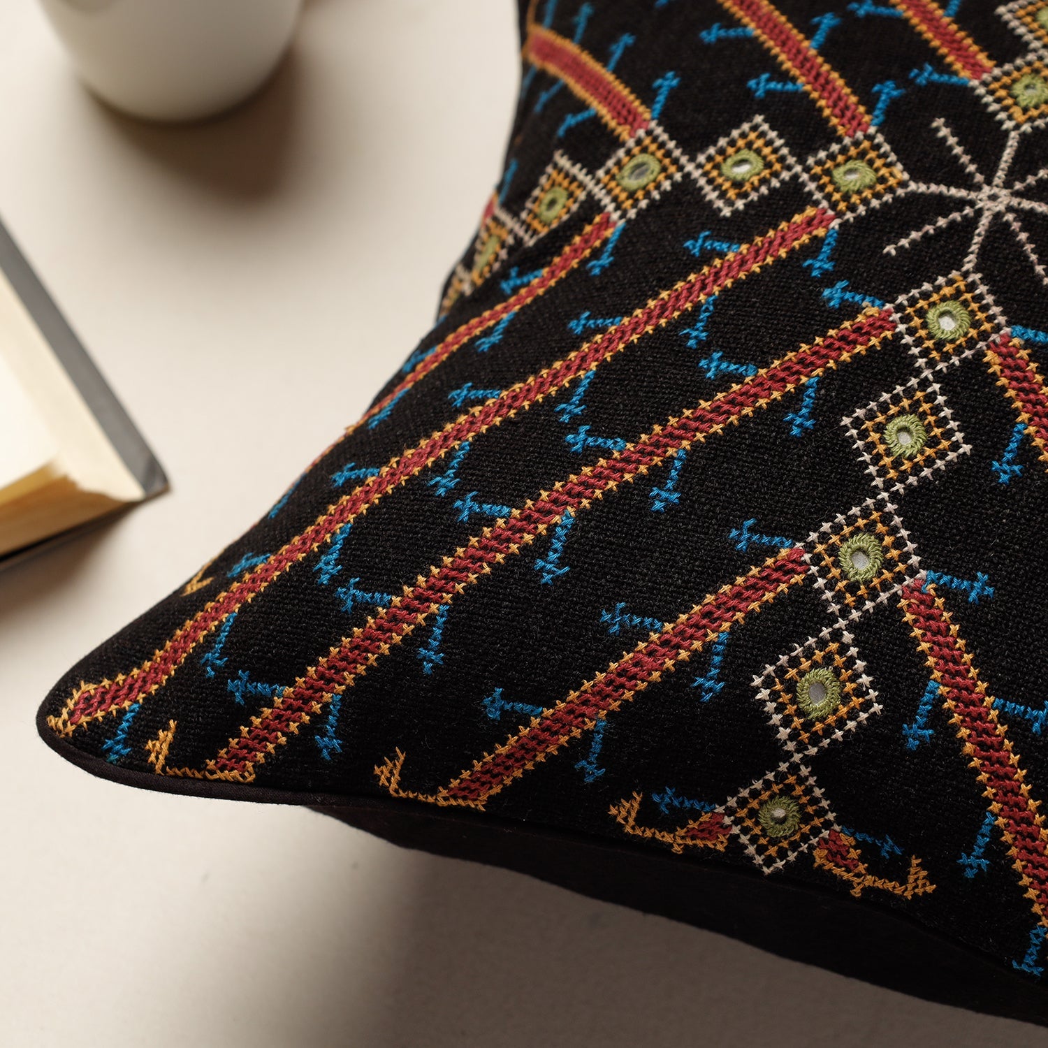 Black - Kala Raksha Jat Hand Embroidery Cotton Cushion Cover (12 x 12 in)