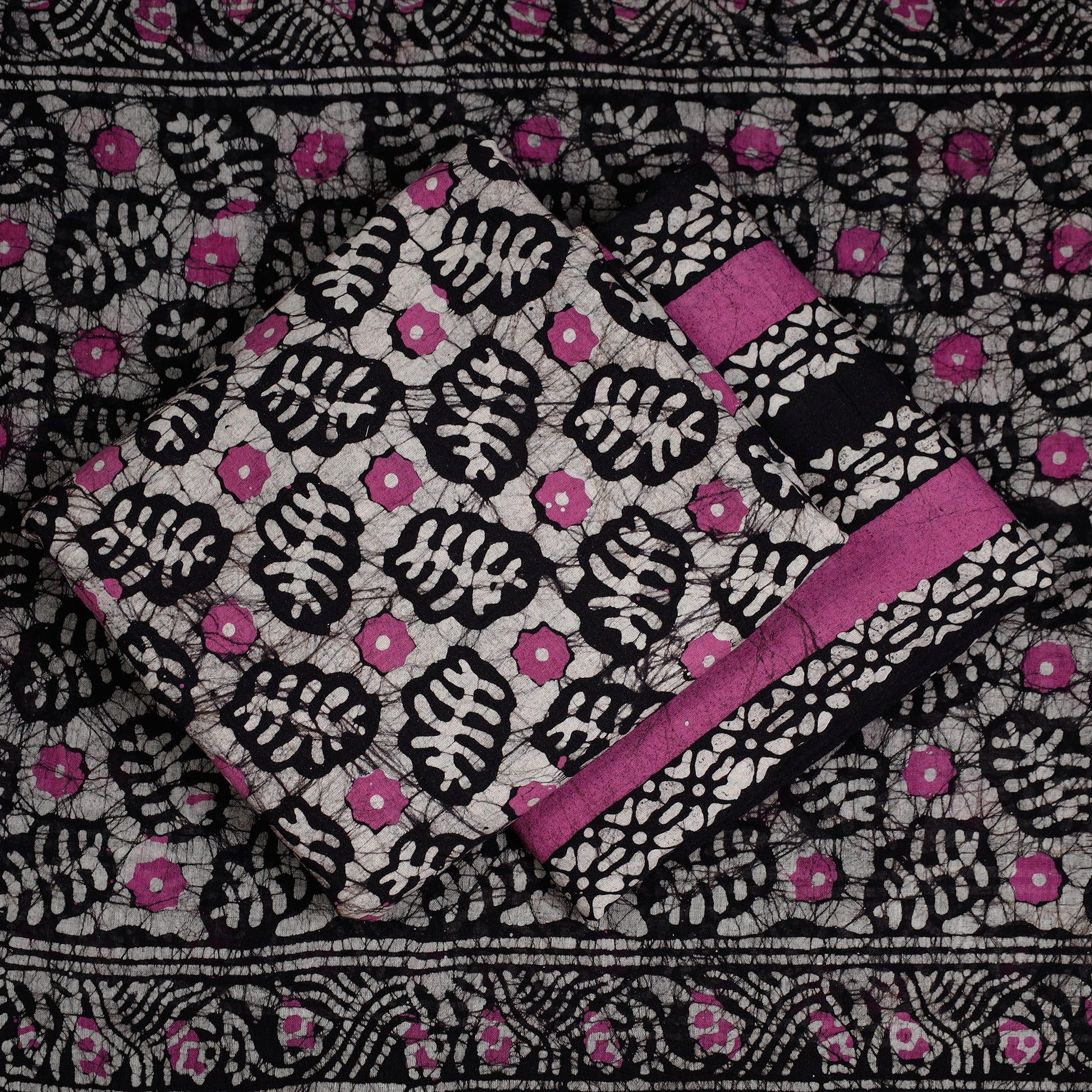 Black - 3pc Cotton Kutch Batik Print Dress Material 05