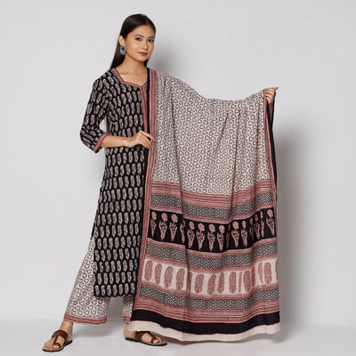 Black - Bagh Block Printed Cotton Kurta with Palazzo & Dupatta Set