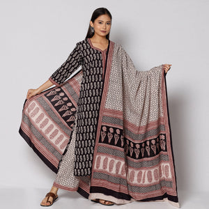 Black - Bagh Block Printed Cotton Kurta with Palazzo & Dupatta Set