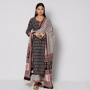 Black - Bagh Block Printed Cotton Kurta with Palazzo & Dupatta Set