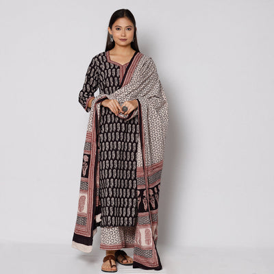 Black - Bagh Block Printed Cotton Kurta with Palazzo & Dupatta Set