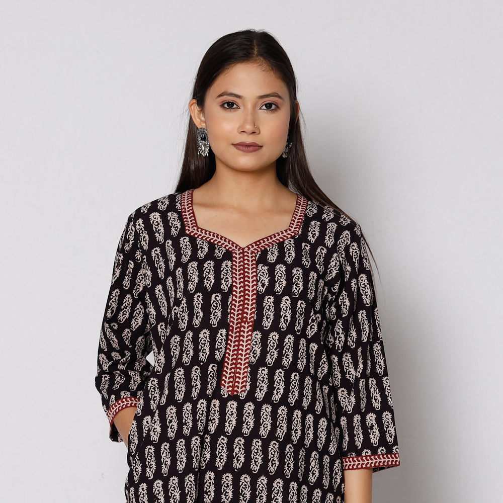 Black - Bagh Block Printed Cotton Kurta with Palazzo & Dupatta Set