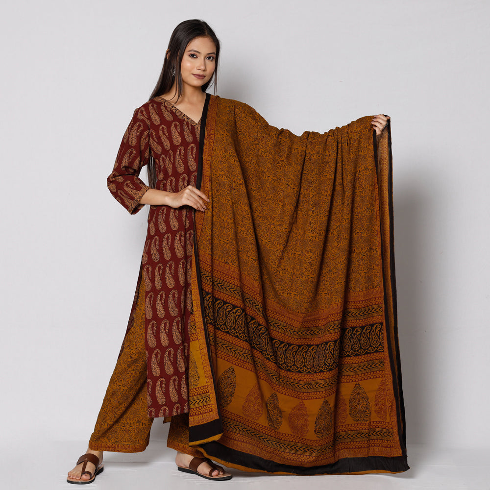Brown - Bagh Block Printing Cotton Kurta with Palazzo & Dupatta Set