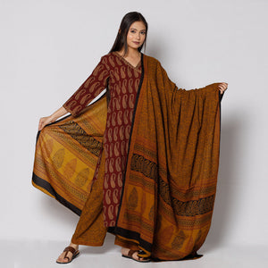 Brown - Bagh Block Printing Cotton Kurta with Palazzo & Dupatta Set