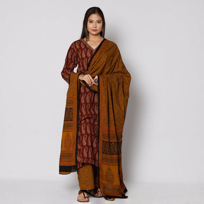 Brown - Bagh Block Printing Cotton Kurta with Palazzo & Dupatta Set