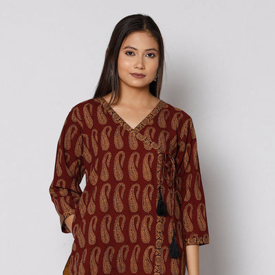 Brown - Bagh Block Printing Cotton Kurta with Palazzo & Dupatta Set