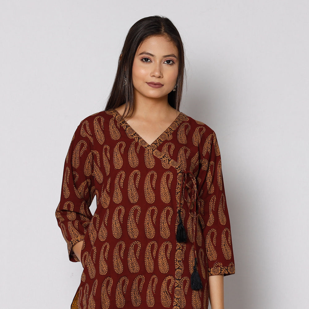 Brown - Bagh Block Printing Cotton Kurta with Palazzo & Dupatta Set