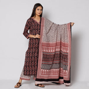 Black - Bagh Block Printing Cotton Kurta with Palazzo & Dupatta Set