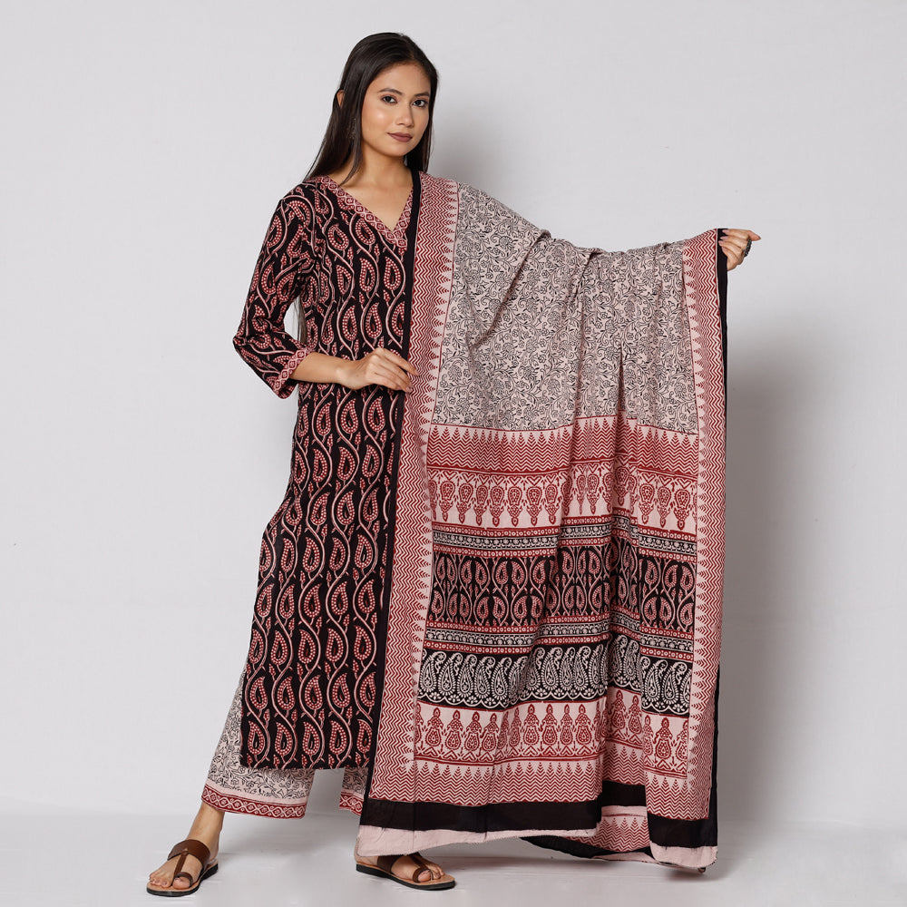 Black - Bagh Block Printing Cotton Kurta with Palazzo & Dupatta Set