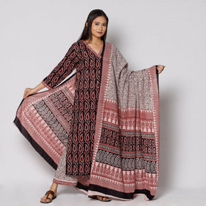 Black - Bagh Block Printing Cotton Kurta with Palazzo & Dupatta Set