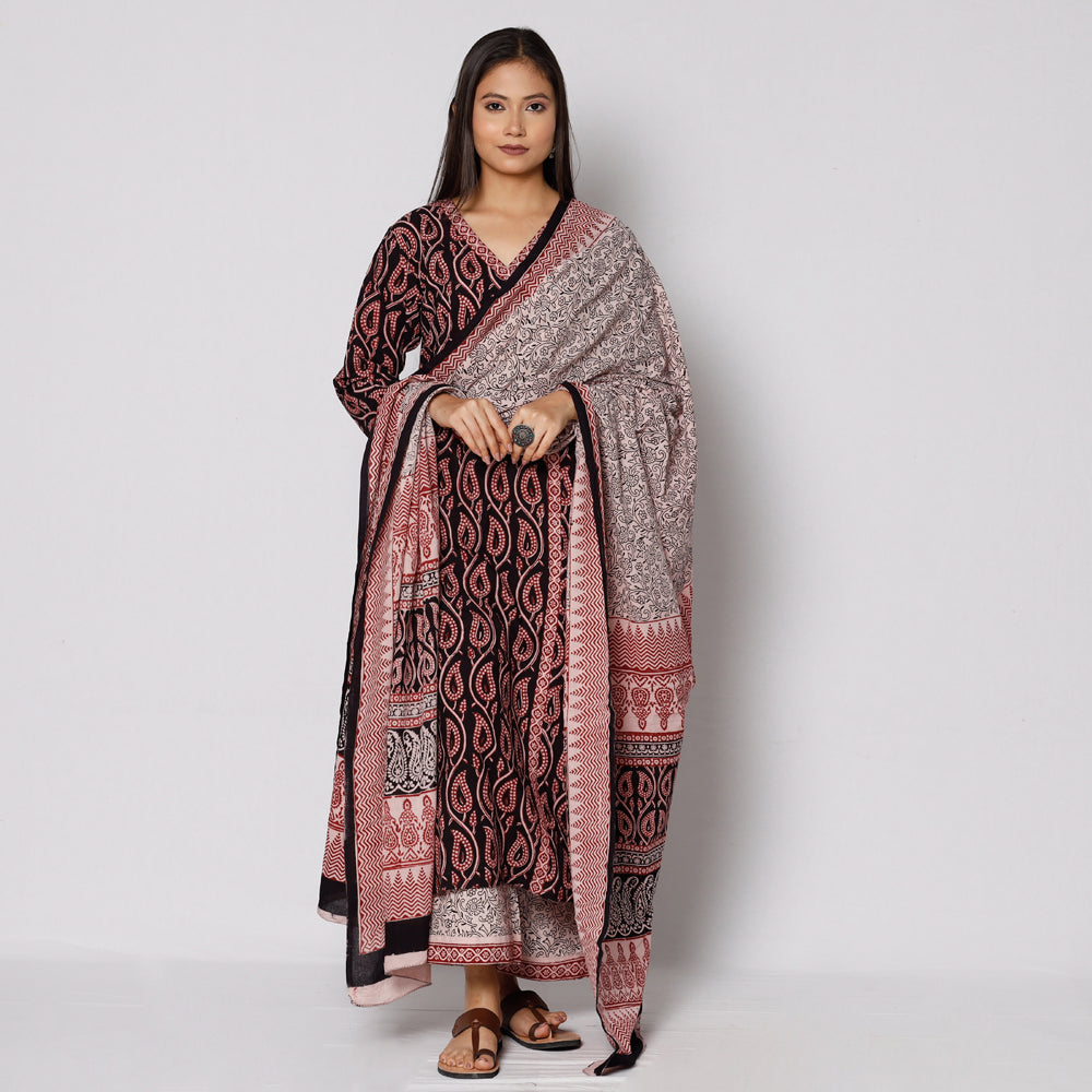 Black - Bagh Block Printing Cotton Kurta with Palazzo & Dupatta Set