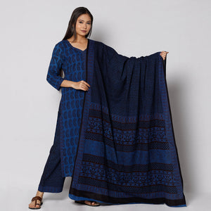 Blue - Bagh Block Printing Cotton Kurta with Palazzo & Dupatta Set