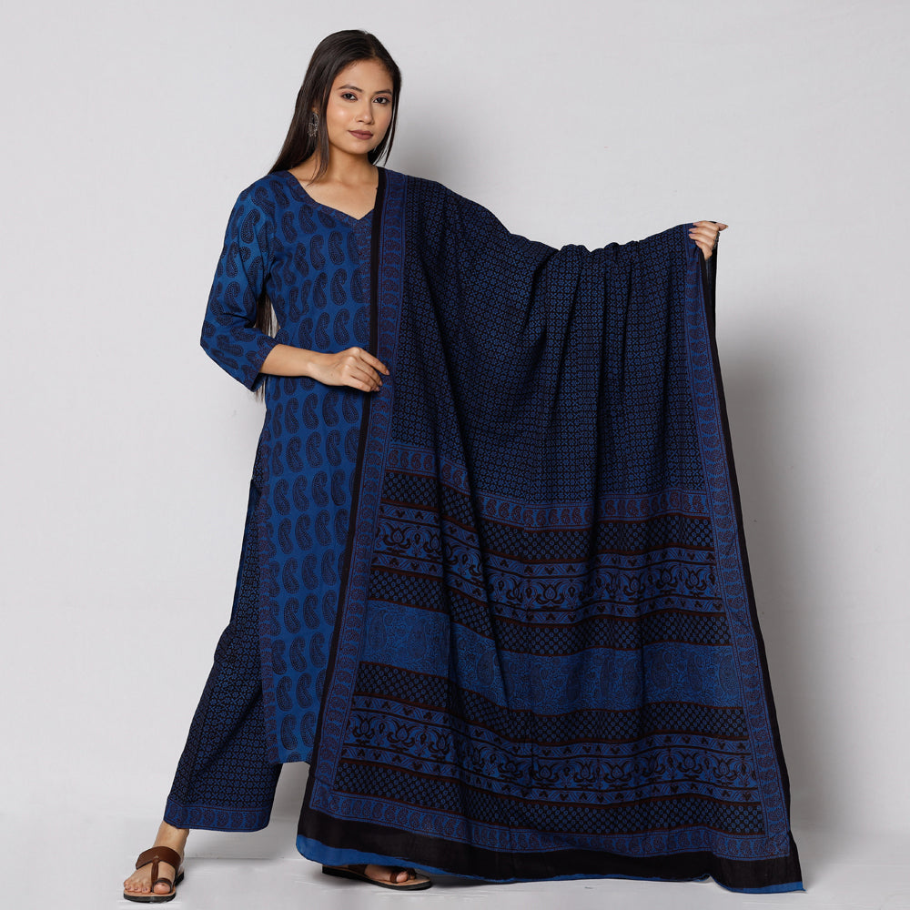 Blue - Bagh Block Printing Cotton Kurta with Palazzo & Dupatta Set