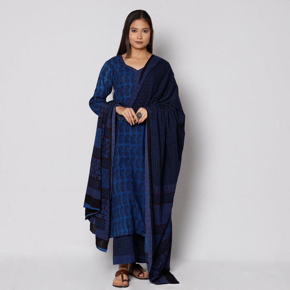 Blue - Bagh Block Printing Cotton Kurta with Palazzo & Dupatta Set