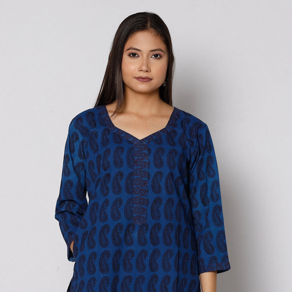 Blue - Bagh Block Printing Cotton Kurta with Palazzo & Dupatta Set