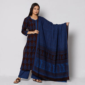Blue - Bagh Block Printing Cotton Kurta with Palazzo & Dupatta Set