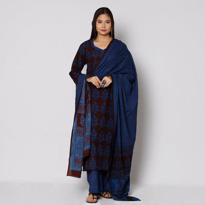 Blue - Bagh Block Printing Cotton Kurta with Palazzo & Dupatta Set