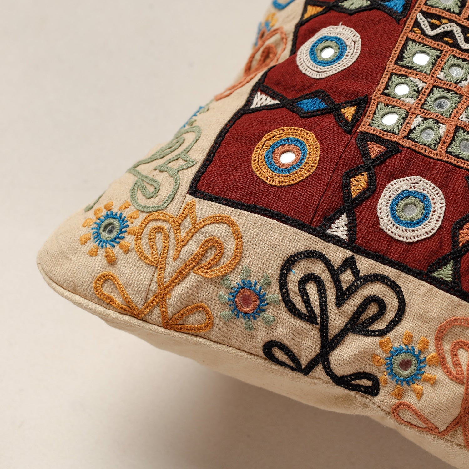 Beige - Kala Raksha Rabari Hand Embroidery Cotton Cushion Cover (12 x 12 in)