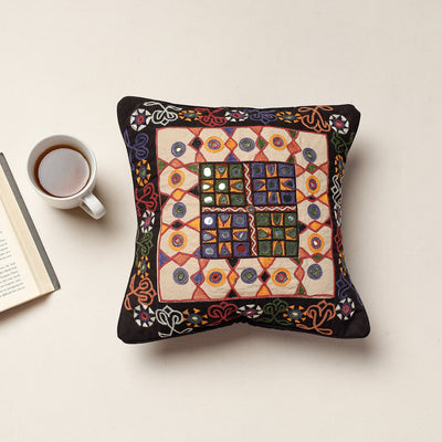 Black - Kala Raksha Rabari Hand Embroidery Cotton Cushion Cover (12 x 12 in)