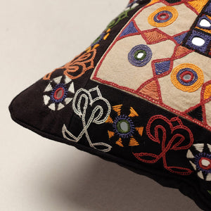 Black - Kala Raksha Rabari Hand Embroidery Cotton Cushion Cover (12 x 12 in)