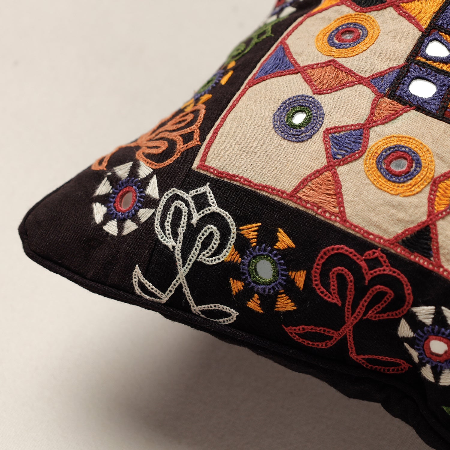 Black - Kala Raksha Rabari Hand Embroidery Cotton Cushion Cover (12 x 12 in)