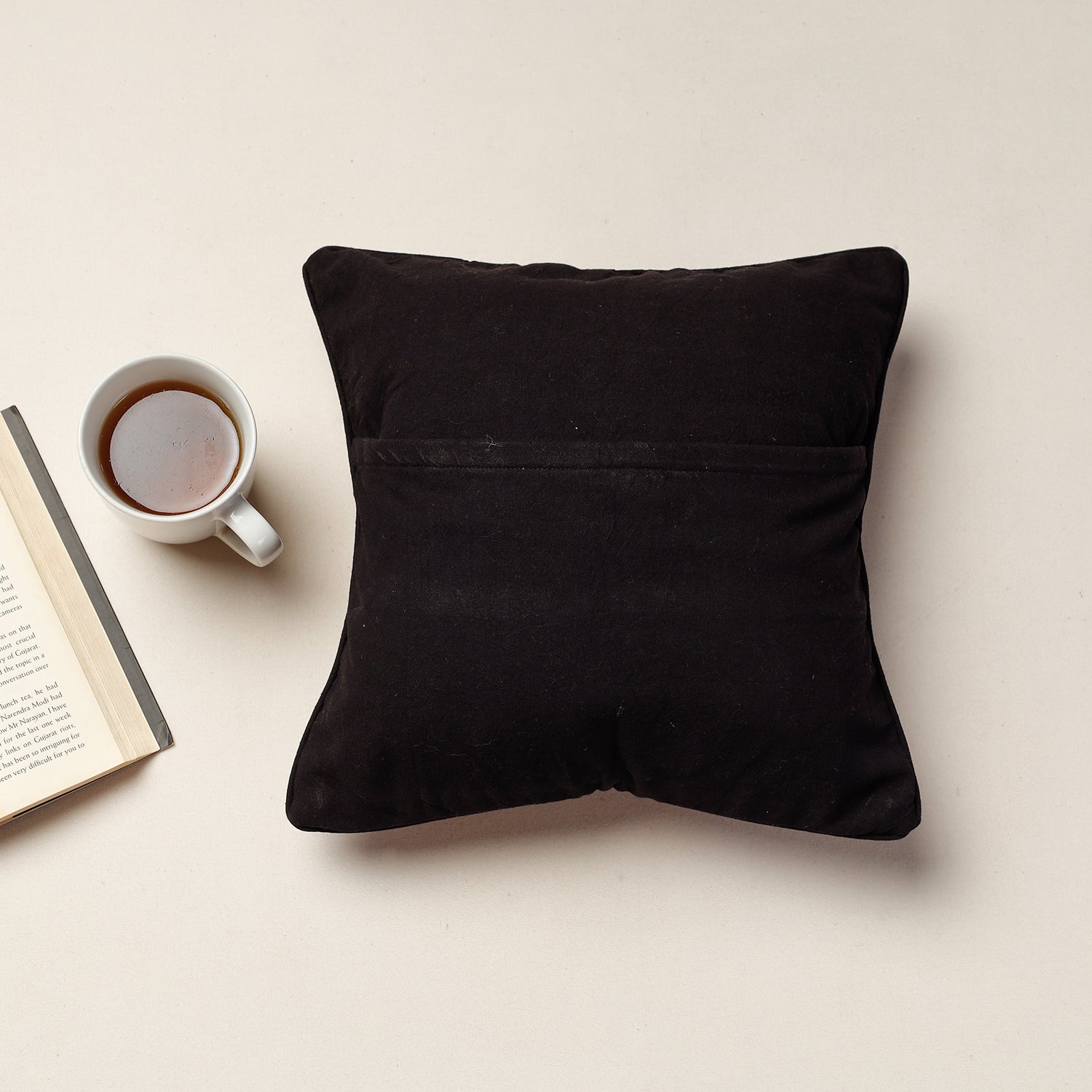 Black - Kala Raksha Rabari Hand Embroidery Cotton Cushion Cover (12 x 12 in)