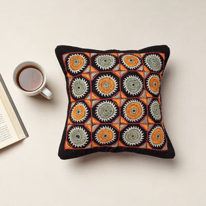 Black - Kala Raksha Rabari Hand Embroidery Cotton Cushion Cover (12 x 12 in)