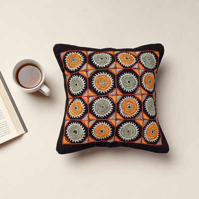 Black - Kala Raksha Rabari Hand Embroidery Cotton Cushion Cover (12 x 12 in)
