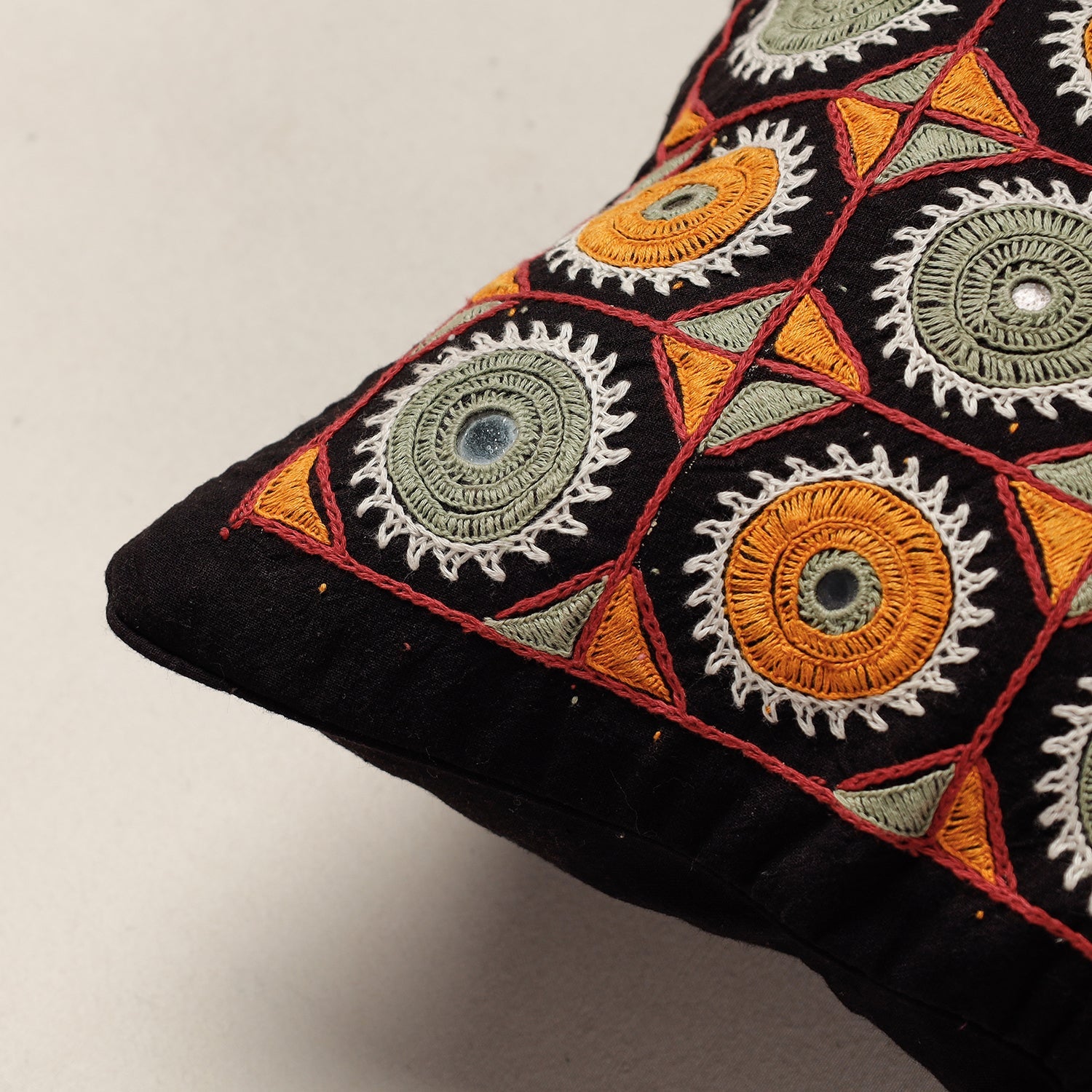 Black - Kala Raksha Rabari Hand Embroidery Cotton Cushion Cover (12 x 12 in)