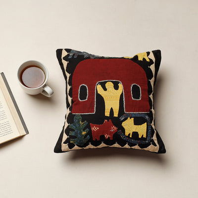 Black - Kala Raksha Applique Cutwork Cotton Cushion Cover (12 x 12 in)