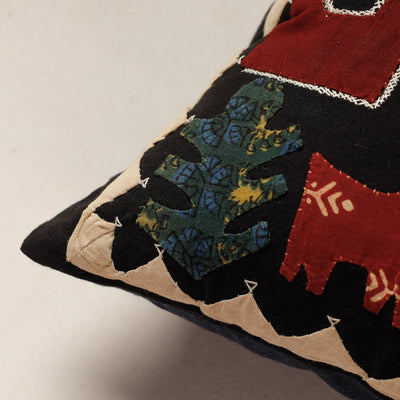 Black - Kala Raksha Applique Cutwork Cotton Cushion Cover (12 x 12 in)