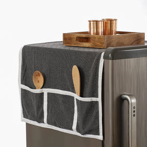 Black - Jacquard Cotton Fridge Top Cover with Multiple Pockets