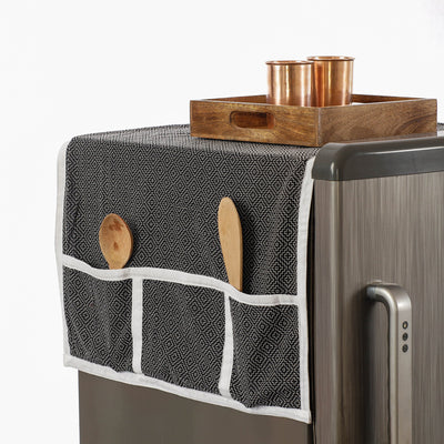 Black - Jacquard Cotton Fridge Top Cover with Multiple Pockets